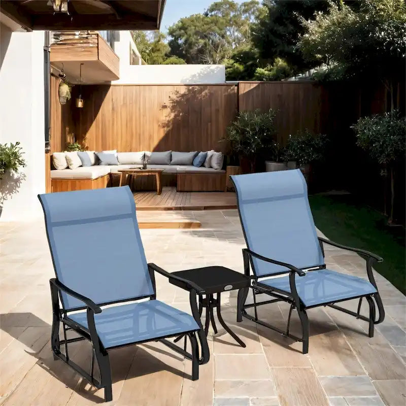 3 Piece Outdoor Gliders Set with Steel Frame, Tempered Glass Top Table